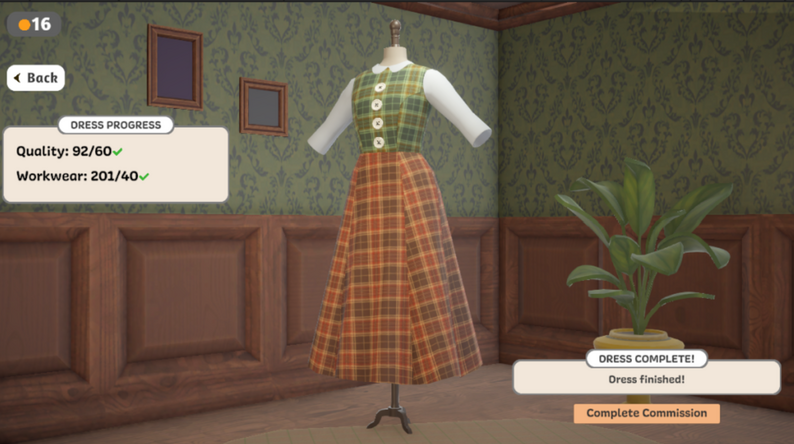 Dressmaker game completed plaid dress on a mannequin with quality and workwear progress